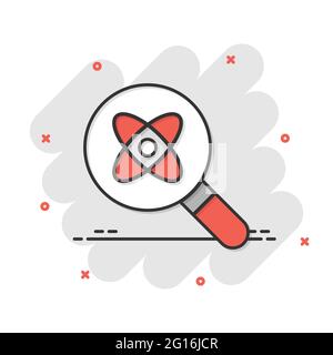 Science magnifier icon in comic style. Virus search cartoon vector illustration on white isolated background. Chemistry dna splash effect business con Stock Vector