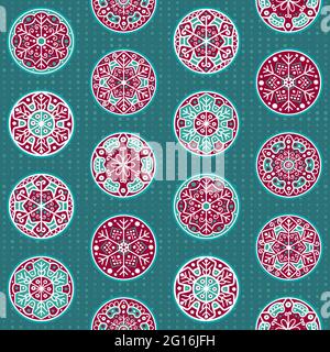 Set of festive hand-drawn Christmas snowflake decorations designs. Eight snowflake roundels collection. Seamless vector pattern. Scandinavian winter s Stock Vector