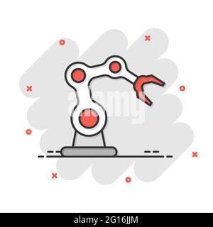 Robot arm icon in comic style. Mechanic manipulator cartoon vector illustration on white isolated background. Machine splash effect business concept. Stock Vector