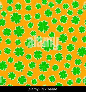 Green lucky clover leaves background. Seamless vector pattern. Green foliage jungle pattern. Four-leaf shamrock background for St Patrick Day. Stock Vector