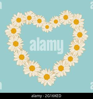 Floral wreath from daisies in the shape of heart on blue background. Vector illustration element with copy space, may use for greeting cards, invitations, wedding, birthday, easter, package design. Stock Vector
