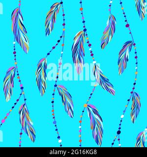 Colorful exotic tropical bird feathers, boho threads and beads seamless vector pattern. Different multicolor feathers vector illustration, boho style. Stock Vector