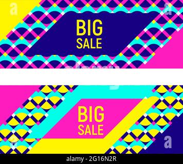 Two abstract geometric backgrounds, different geometric shapes. Sample text - Big Sale. Memphis style. Bright and colorful neon color banners, 90s sty Stock Vector