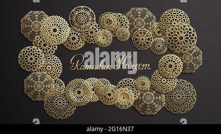 Ramadan Kareem Gold lettering. Islamic round pattern set in arabic style on black background. Vector illustration. Stock Vector
