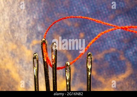 a red thread is threaded into a sewing needle Stock Photo