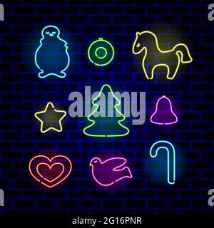 Set of neon Christmas decoration. Decorative Christmas toy bright signboard, light banner. Vector colorful illustration. Stock Vector