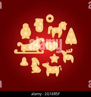 Set of gingerbread cookies. Decorative Christmas biscuits. Vector illustration. Stock Vector