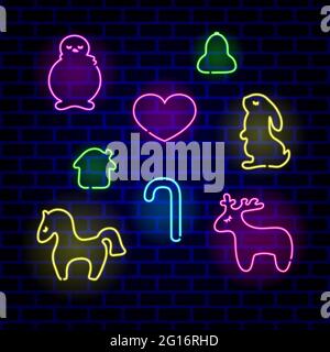 Set of neon Christmas decoration. Decorative Christmas toy bright signboard, light banner. Vector colorful illustration. Stock Vector