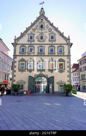 Decorative gable at Lederhaus building in the Historical center of Ravensburg. Baden Württemberg in South Germany. Stock Photo