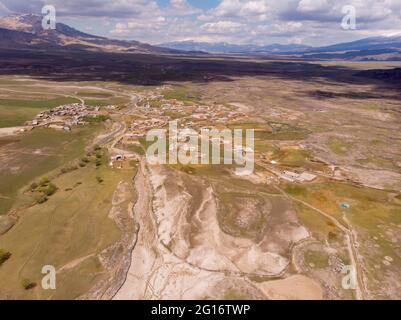 Aerial View on Anatolian Village with Clay roofs at Foothill of Mount Ararat in Eastern Anatolia, Turkey Stock Photo