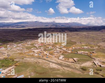 Aerial View on Anatolian Village with Clay roofs at Foothill of Mount Ararat in Eastern Anatolia, Turkey Stock Photo