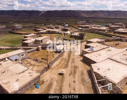 Aerial View on Anatolian Village with Clay roofs at Foothill of Mount Ararat in Eastern Anatolia, Turkey Stock Photo