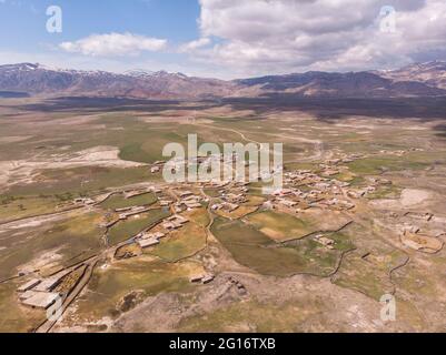 Aerial View on Anatolian Village with Clay roofs at Foothill of Mount Ararat in Eastern Anatolia, Turkey Stock Photo