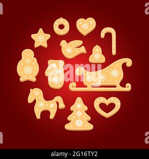Set of gingerbread cookies. Decorative Christmas biscuits. Vector illustration. Stock Vector