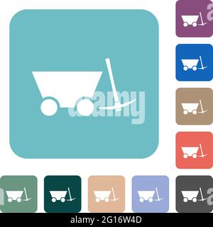 Mine cart and pickaxe white flat icons on color rounded square backgrounds Stock Vector