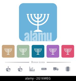 Menorah white flat icons on color rounded square backgrounds. 6 bonus icons included Stock Vector