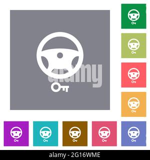 Steering lock flat icons on simple color square backgrounds Stock Vector