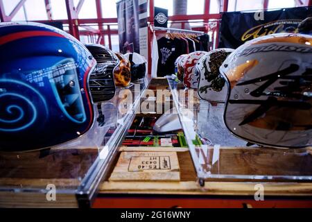 Madrid, Spain. 05th June, 2021. Motorama, Motorcycle Trade Show. Customized motorcycle helmets with airbrush. Glass Pavilion - Casa de Campo Fairgrounds, Madrid, Spain. Credit: EnriquePSans/Alamy Live News Stock Photo