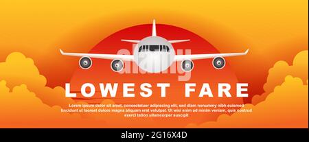 lowest fare. flight promotion. aeroplane fly in the sky sunset time. banner vector illustration Stock Vector