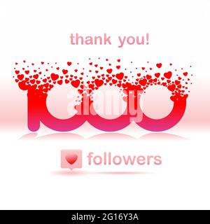 thank you 1000 followers. dissolved flying loves heart shape with reflection.  announcement for social network. Vector illustration Stock Vector