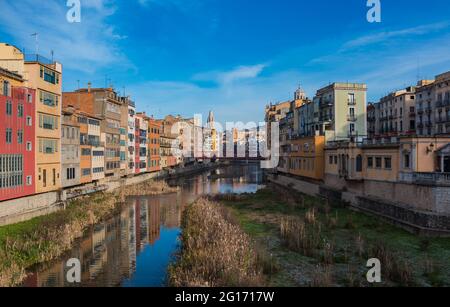 A picture of Girona's Onyar river and its adjacent colorful buildings. Stock Photo