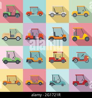 Golf cart icons set, flat style Stock Vector