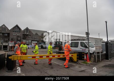 Siljac Europa,Falmouth Cornwall, Open for business, G7 Summit, Falmouth high street, G7 Summit in Cornwall, docks of Falmouth, The vessel will remain static, moored in Falmouth, used for a 10-day period, accommodation, catering, Credit: kathleen white/Alamy Live News