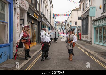 Falmouth Cornwall, Open for business, G7 Summit, Falmouth high street, G7 Summit in Cornwall, docks of Falmouth, The vessel will remain static, moored in Falmouth, used for a 10-day period, accommodation, catering, Pirates in Falmouth shopping centre Credit: kathleen white/Alamy Live News