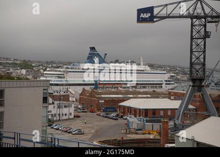 Falmouth Cornwall, Open for business, G7 Summit, Falmouth high street, G7 Summit in Cornwall, docks of Falmouth, The vessel will remain static, moored in Falmouth, used for a 10-day period, accommodation, catering, Credit: kathleen white/Alamy Live News