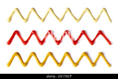 Splashes of tomato ketchup, mayonnaise and mustard isolated on white background, top view Stock Photo