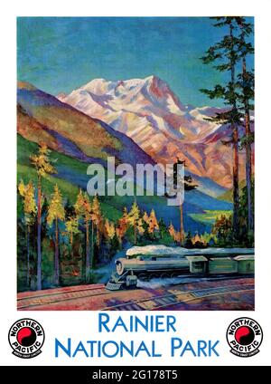 Rainier National Park. Northern Pacific. North Coast Limited by Gustav Wilhelm Krollmann (1888-1962). Restored vintage poster published 1920 in the USA. Stock Photo