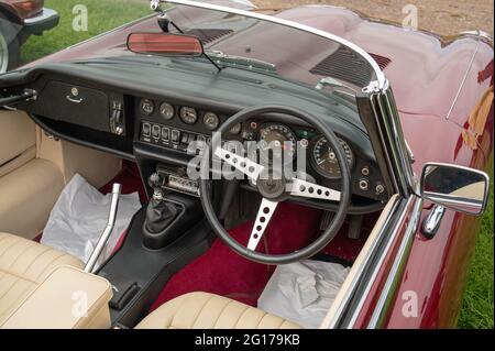 E type Jaguar V12 convertible in red at a Classic car show in Norwich Stock Photo