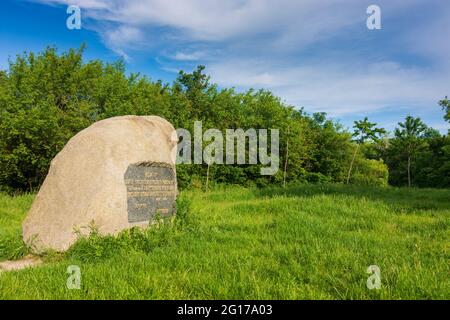 Wien, Vienna: Memorial stone in the memorial forest for 65,000 murdered Jewish citizens of Vienna in Essling in 22. Donaustadt, Wien, Austria Stock Photo