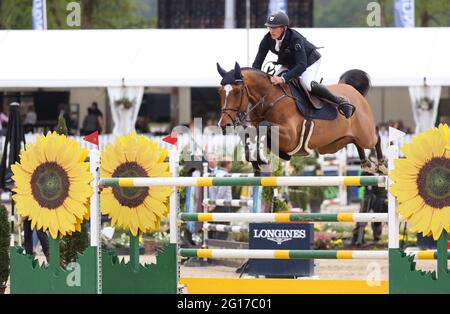 Balve, Germany. 05th June, 2021. Equestrian sport: German championship, show jumping. Show jumper Tobias Meyer rides Greatest Boy - H at the German Show Jumping Championship. Credit: Friso Gentsch/dpa/Alamy Live News Stock Photo