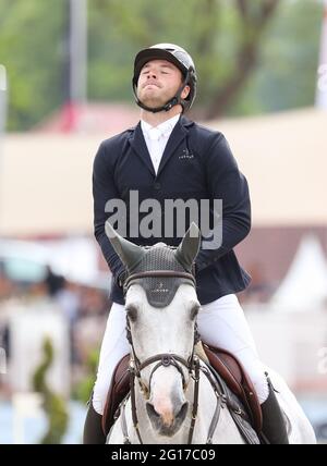 Balve, Germany. 05th June, 2021. Equestrian sport: German championship, show jumping. The show jumper Maximilian Lill rides D-Cassina at the German Show Jumping Championship. Credit: Friso Gentsch/dpa/Alamy Live News Stock Photo
