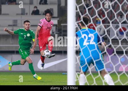 Goyang, South Korea. 5th June, 2021. South Korea's Hong Chul (C) stops the ball during a Group H match between South Korea and Turkmenistan at FIFA World Cup Qatar 2022 and AFC Asian Cup China 2023 Preliminary Joint Qualification Round 2 in Goyang of South Korea, June 5, 2021. Credit: Wang Jingqiang/Xinhua/Alamy Live News Stock Photo