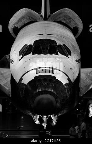 Black and white picture of NASA Space Shuttle Discovery on display at the Steven F. Udvar-Hazy Center at the Smithsonian National Air and Space Museum
