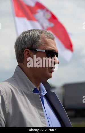 Warsaw, Warsaw, Poland. 5th June, 2021. Exiled member of the presidium of the Coordination Council of Belarus, Pavel Latushko is seen on June 5, 2021 in Bobrowniki, Poland. Around a hundred of Belarusian citizens on exilein Poland gathered in Bobrowniki, on the Polish-Belarusian border to demand sanction from European Union towards the Belarusian government. Credit: Aleksander Kalka/ZUMA Wire/Alamy Live News Stock Photo