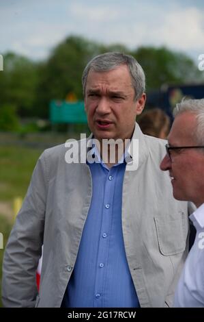 Warsaw, Warsaw, Poland. 5th June, 2021. Exiled member of the presidium of the Coordination Council of Belarus, Pavel Latushko is seen on June 5, 2021 in Bobrowniki, Poland. Around a hundred of Belarusian citizens on exilein Poland gathered in Bobrowniki, on the Polish-Belarusian border to demand sanction from European Union towards the Belarusian government. Credit: Aleksander Kalka/ZUMA Wire/Alamy Live News Stock Photo