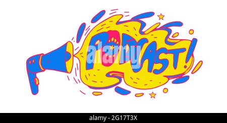 Podcast logo. Funny cartoon doodle icon. Lettering word podcast with loudspeaker and mouth. Good for podcasting, broadcasting, media hosting, banner, Stock Vector