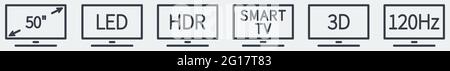 Set of simple TV technology icons, black text in stylised rectangle screen Stock Vector