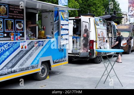 Lublin, Poland June 04 2021 food truck in city square during street food festival after reopening bars and cafes after pandemic lockdown Stock Photo