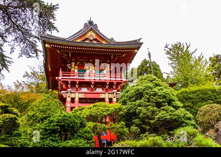 Red Buddhist temple in Japanese Tea Garden (Golden Gate Park) Stock Photo