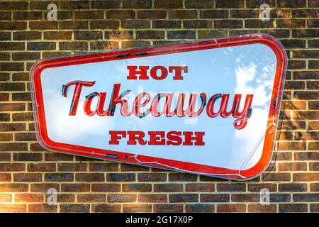 Hot Fresh Takeaway Food Sign on a brick wall Stock Photo