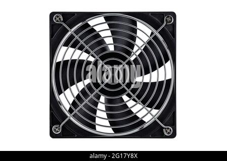 Large computer fan with silver grill, isolated on a white background with a clipping path. Stock Photo