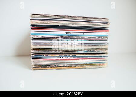 Stack of vinyl records, gramophone records collection Stock Photo