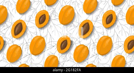 Trendy fruit pattern with apricots. Orange ripe apricots on a white background. Bright summer fabric and textile design Stock Vector