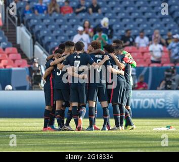 Denver, Colorado, USA. 3rd June, 2021. Team USA gathers before the start of the game against Honduras Wed. Night at Empower Field at Mile High. Credit: Hector Acevedo/ZUMA Wire/Alamy Live News Stock Photo