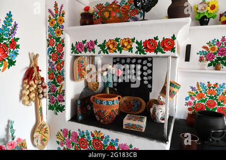 Zalipie, Poland. 05th Apr, 2021. Interior view of the Zalipie house.The village of Zalipie is known for its custom of hand-painted huts. The characteristic floral patterns can be found on most houses in the village. Credit: SOPA Images Limited/Alamy Live News Stock Photo