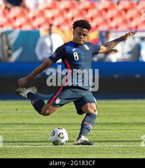 Denver, Colorado, USA. 3rd June, 2021. USA MF WESTON MCKENNIE readies to shoot on goal Wed. Night at Empower Field at Mile High. Credit: Hector Acevedo/ZUMA Wire/Alamy Live News Stock Photo